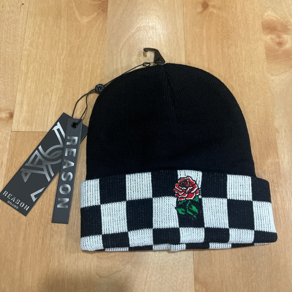 Reason Black & White Checkerboard Beanie with Red Rose